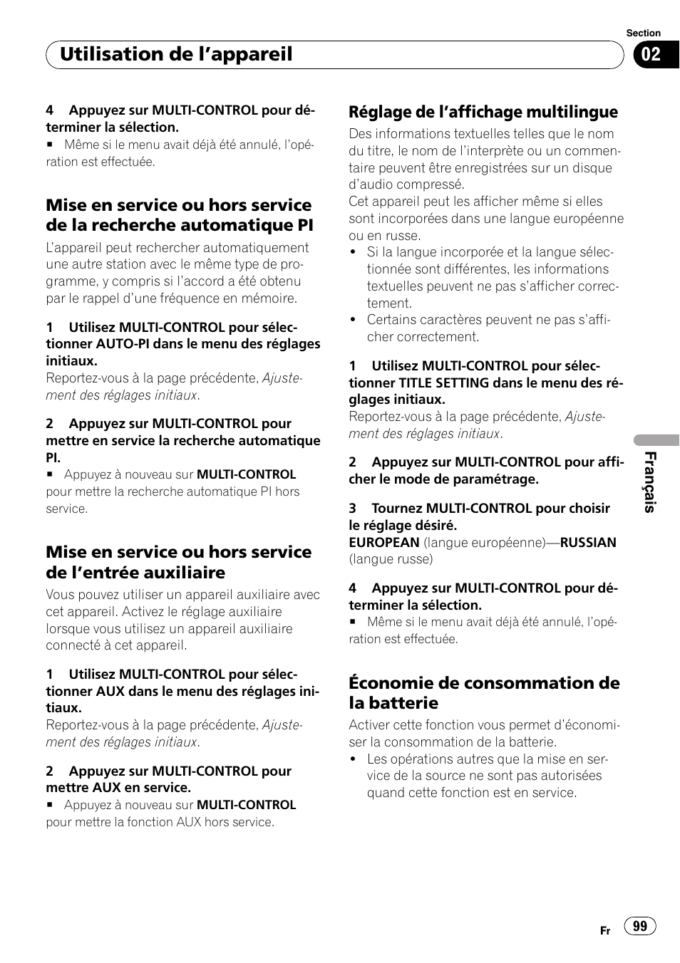 Mise en service ou hors service de la, Recherche automatique pi, Mise en service ou hors service de | Entrée auxiliaire 99, Réglage de l’affichage multilingue 99, Économie de consommation de la, Batterie, Utilisation de l ’appareil | Pioneer DEH-2100UB User Manual | Page 99 / 108