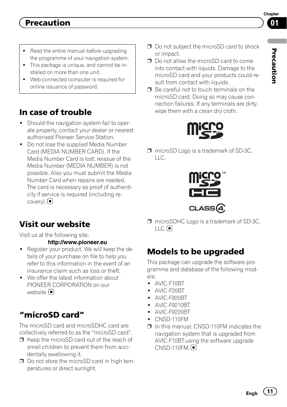 Precaution in case of trouble, Visit our website, Microsd card” 11 models to be upgraded | Microsd card, Models to be upgraded, Precaution | Pioneer CNSD-210FM User Manual | Page 11 / 36