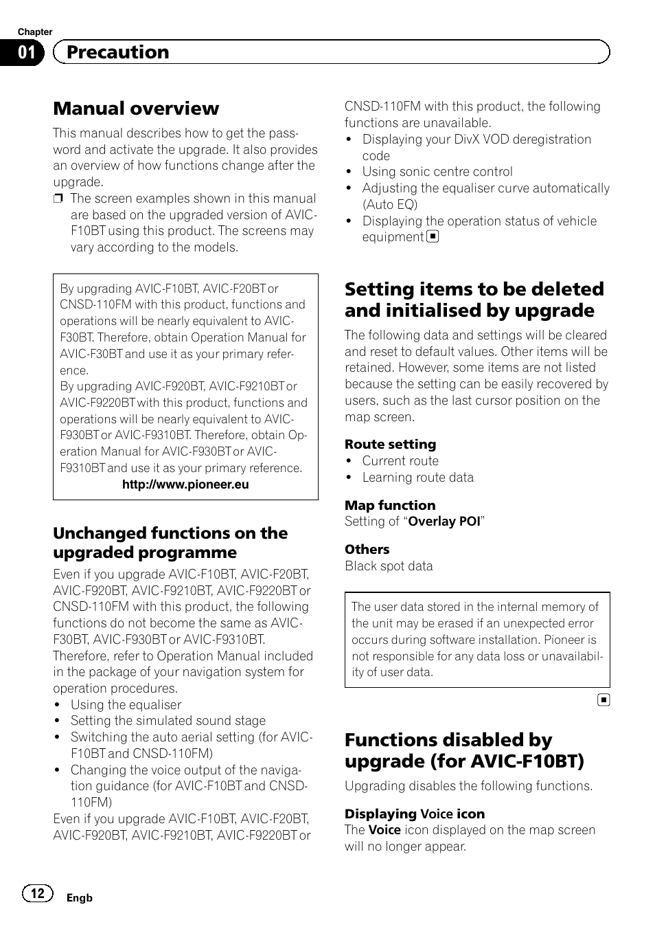 Manual overview, Unchanged functions on the upgraded, Programme | Setting items to be deleted and initialised by, Upgrade, Functions disabled by upgrade (for avic, F10bt), Functions disabled by upgrade (for avic-f10bt), 01 precaution | Pioneer CNSD-210FM User Manual | Page 12 / 36