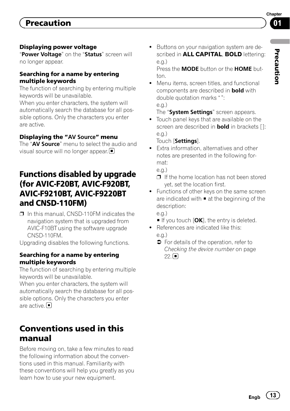 Functions disabled by upgrade (for avic, Conventions used in this manual, Precaution | Pioneer CNSD-210FM User Manual | Page 13 / 36