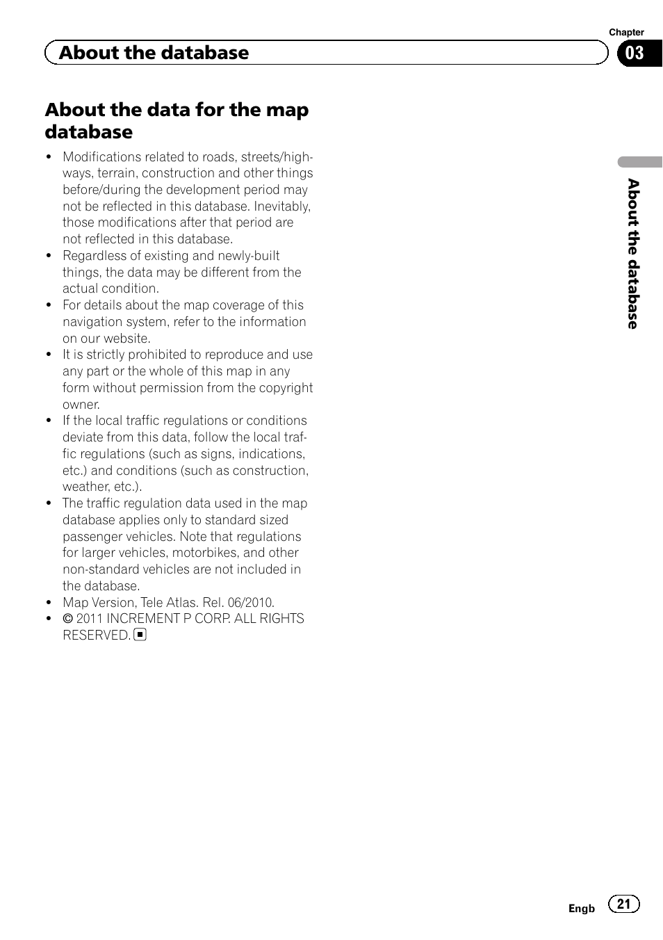 About the data for the map database, About the database | Pioneer CNSD-210FM User Manual | Page 21 / 36