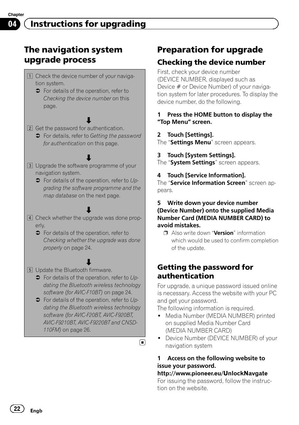 Preparation for upgrade, Checking the device number 22, Getting the password for | Authentication, The navigation system upgrade process, 04 instructions for upgrading, Checking the device number, Getting the password for authentication | Pioneer CNSD-210FM User Manual | Page 22 / 36