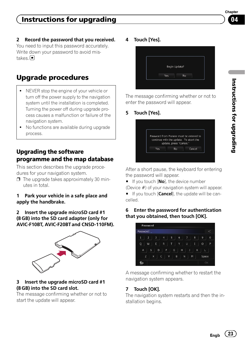 Upgrade procedures, Upgrading the software programme, And the map database | Instructions for upgrading | Pioneer CNSD-210FM User Manual | Page 23 / 36