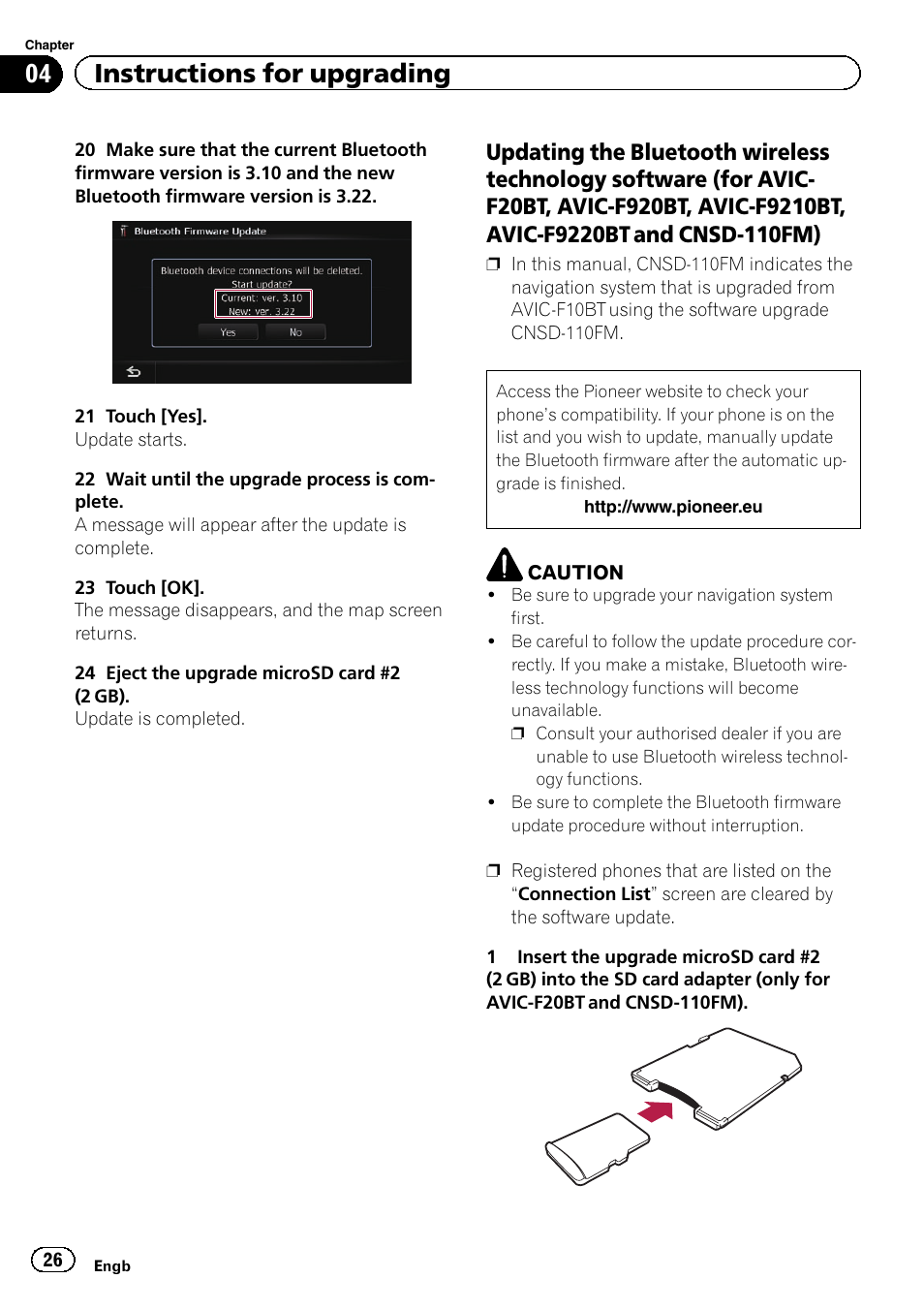 Updating the bluetooth wireless, 04 instructions for upgrading | Pioneer CNSD-210FM User Manual | Page 26 / 36