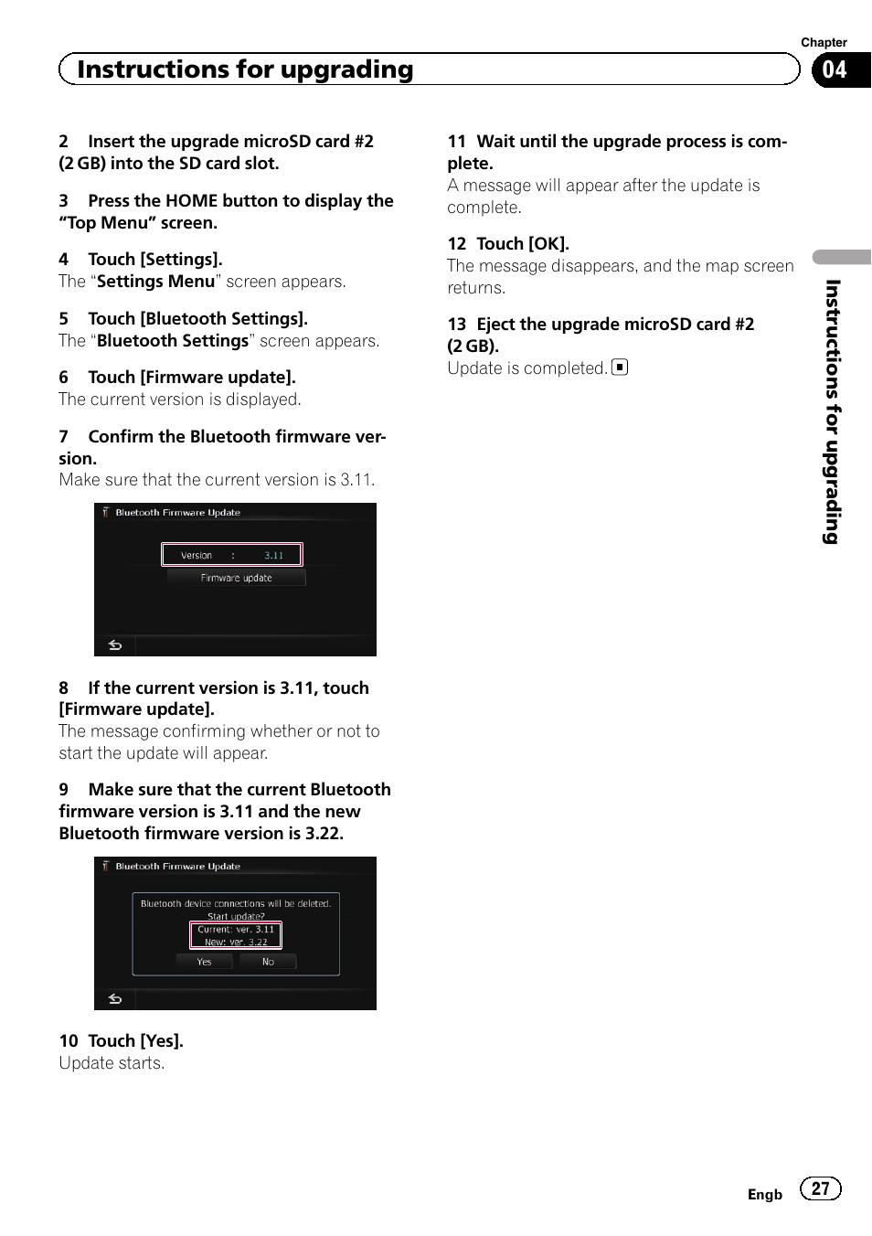 Instructions for upgrading | Pioneer CNSD-210FM User Manual | Page 27 / 36