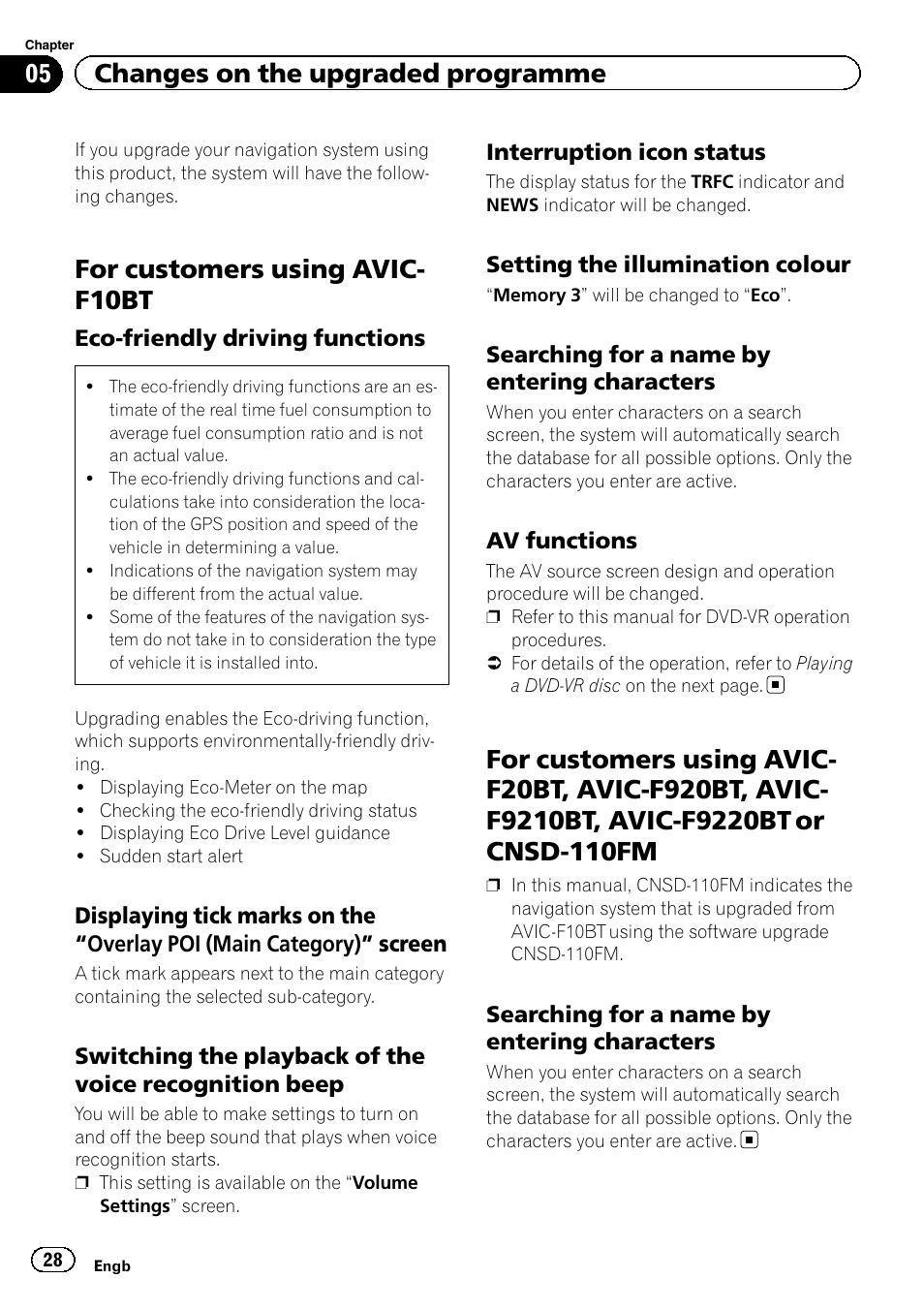 Eco-friendly driving functions 28, Displaying tick marks on the “overlay, Poi (main category) | Screen 28, Switching the playback of the voice, Recognition beep, Interruption icon status 28, Setting the illumination colour 28, Searching for a name by entering, Characters | Pioneer CNSD-210FM User Manual | Page 28 / 36