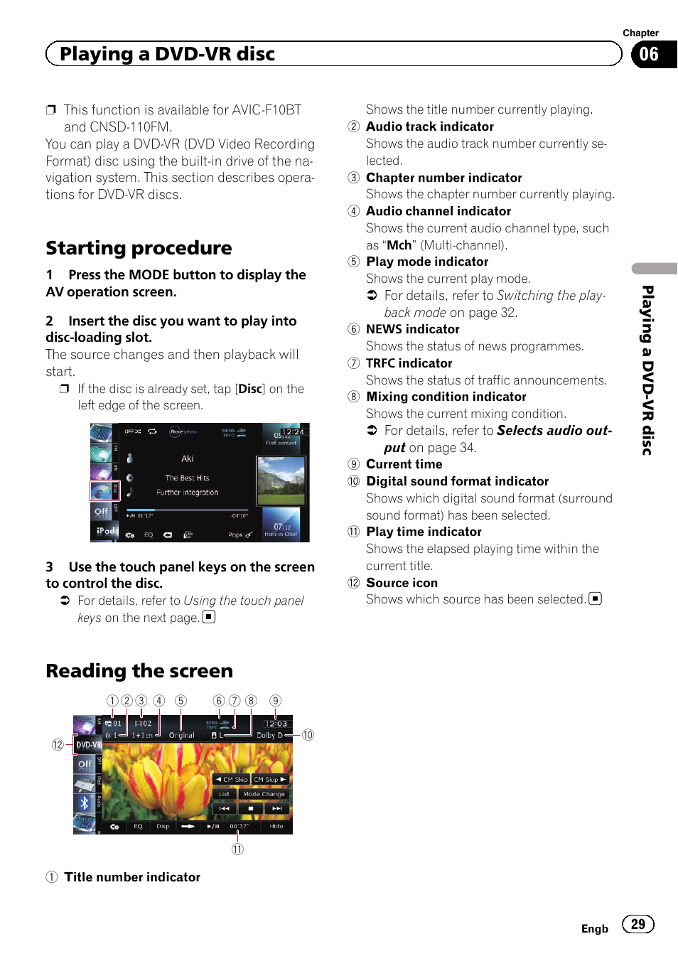 Playing a dvd-vr disc starting procedure, Reading the screen, Starting procedure | Playing a dvd-vr disc | Pioneer CNSD-210FM User Manual | Page 29 / 36