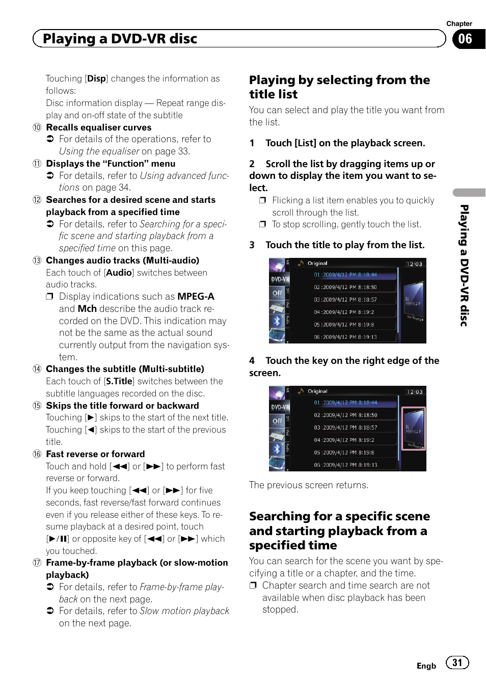 Playing by selecting from the title, List, Searching for a specific scene and | Starting playback from a specified time, Playing by selecting, Playing a dvd-vr disc, Playing by selecting from the title list | Pioneer CNSD-210FM User Manual | Page 31 / 36
