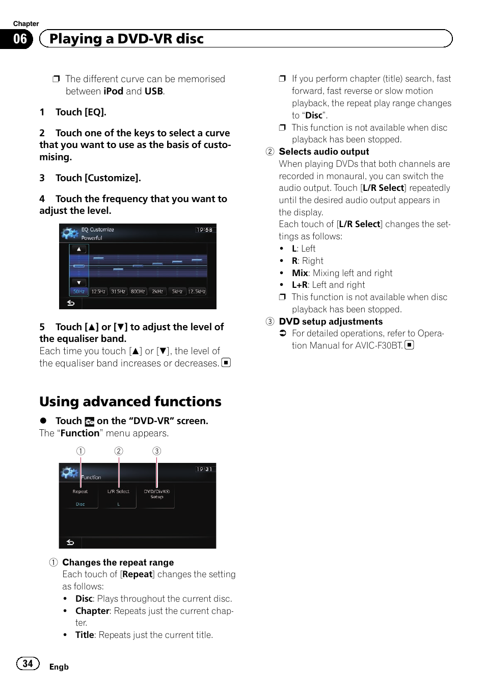 Using advanced functions, Selects audio out, Using advanced func | 06 playing a dvd-vr disc | Pioneer CNSD-210FM User Manual | Page 34 / 36