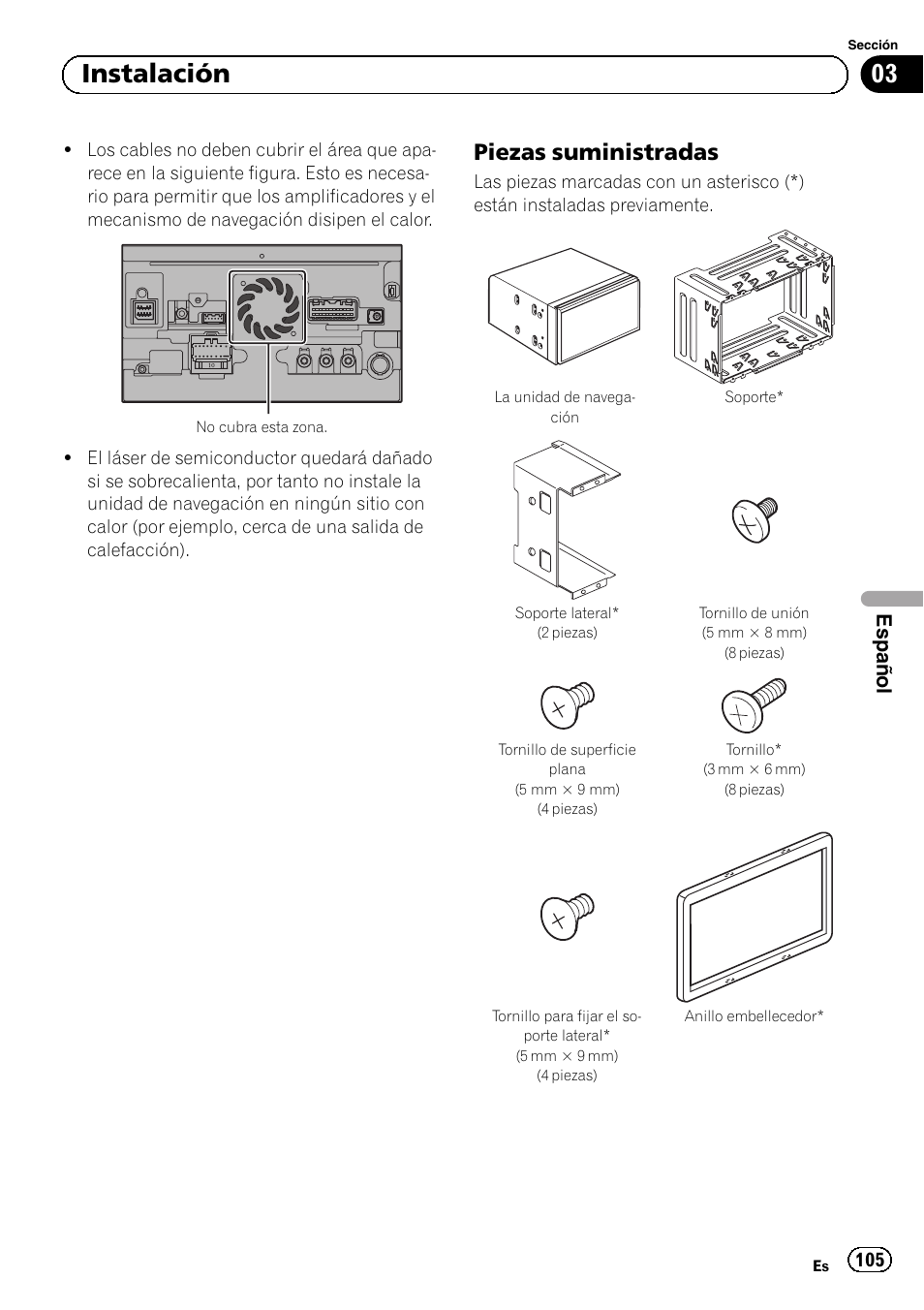 Piezas suministradas 105, 03 instalación, Piezas suministradas | Español | Pioneer AVIC-F30BT User Manual | Page 105 / 172