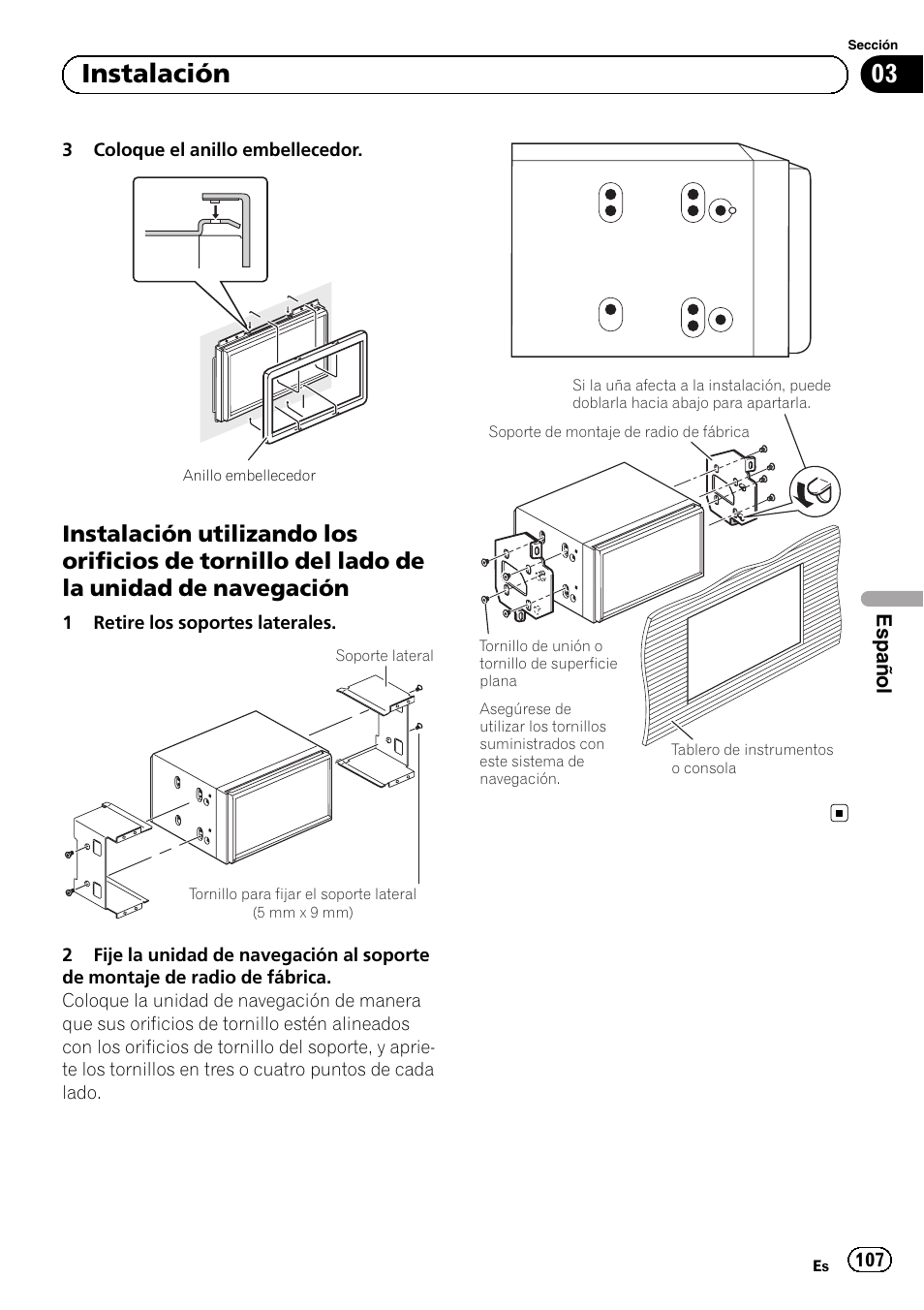 Instalación utilizando los orificios de, Tornillo del lado de la unidad de navegación, 03 instalación | Pioneer AVIC-F30BT User Manual | Page 107 / 172