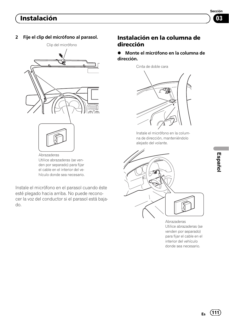 Instalación en la columna de, Dirección, 03 instalación | Instalación en la columna de dirección | Pioneer AVIC-F30BT User Manual | Page 111 / 172