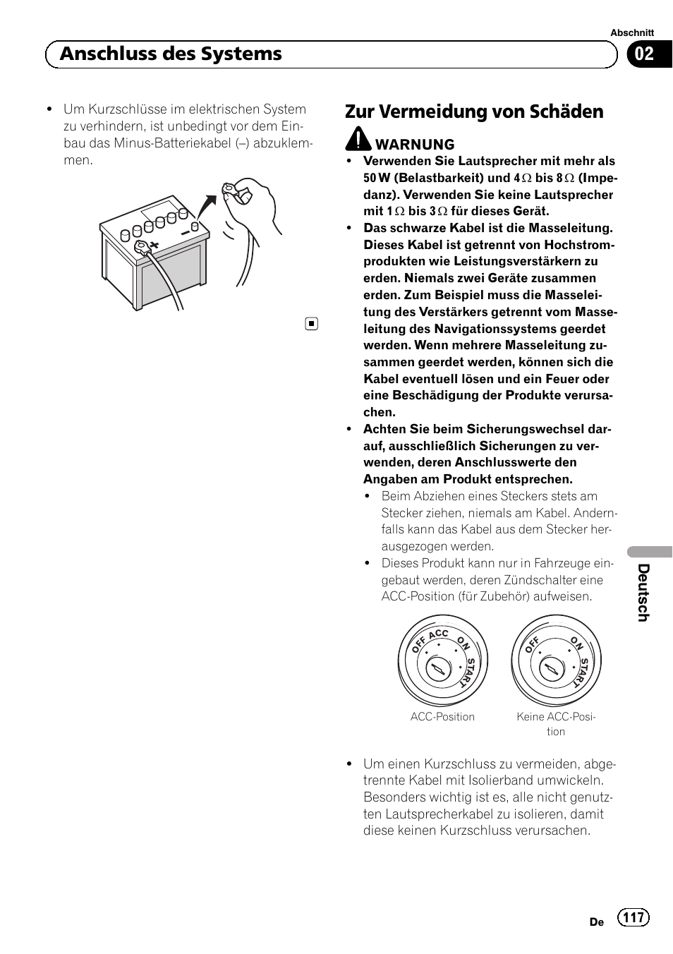 Zur vermeidung von schäden, 02 anschluss des systems, Deutsch | Warnung | Pioneer AVIC-F30BT User Manual | Page 117 / 172