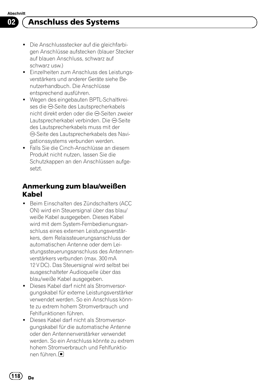 Anmerkung zum blau/weißen, Kabel, 02 anschluss des systems | Anmerkung zum blau/weißen kabel | Pioneer AVIC-F30BT User Manual | Page 118 / 172