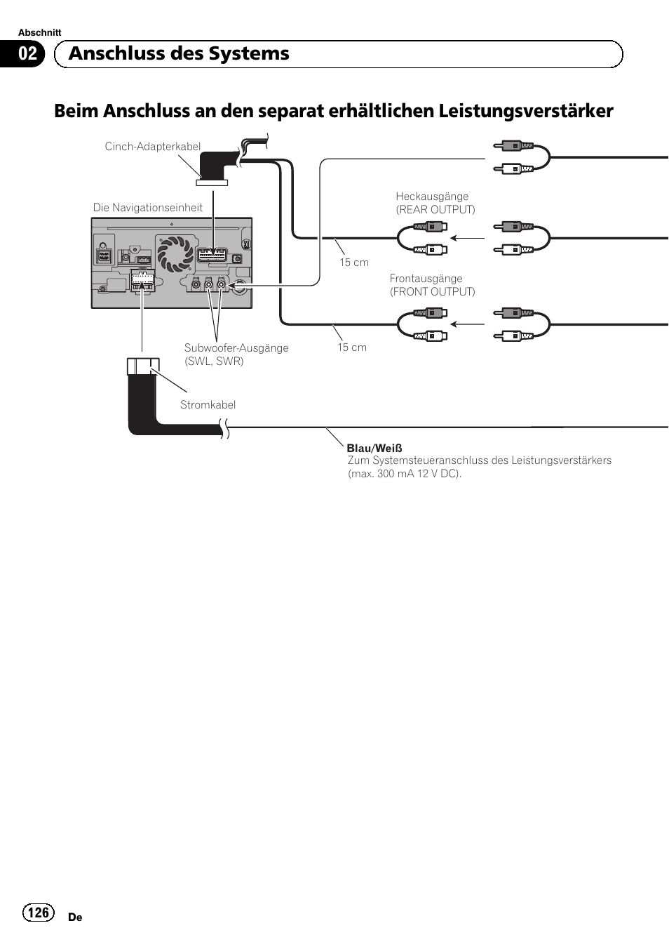 Beim anschluss an den separat erhältlichen, Leistungsverstärker, 02 anschluss des systems | Pioneer AVIC-F30BT User Manual | Page 126 / 172