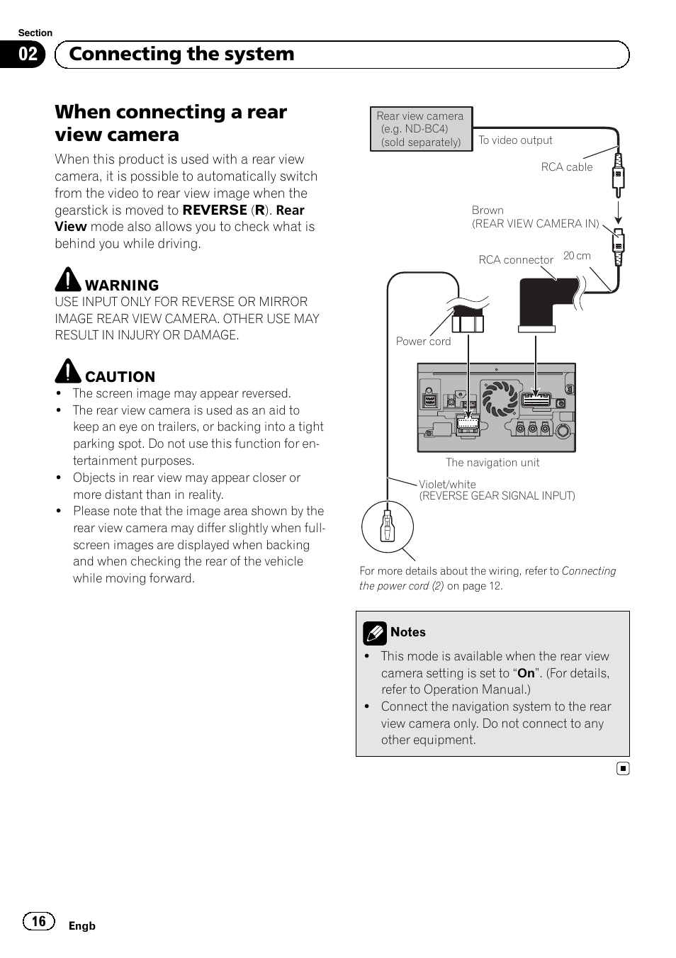 When connecting a rear view camera, 02 connecting the system | Pioneer AVIC-F30BT User Manual | Page 16 / 172