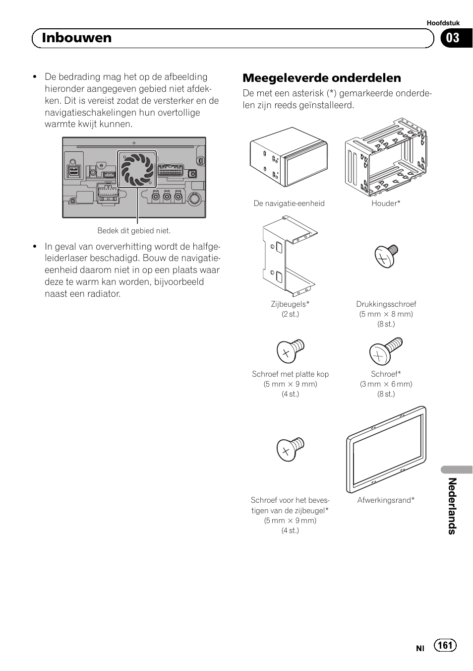 Meegeleverde onderdelen 161, 03 inbouwen, Meegeleverde onderdelen | Nederlands | Pioneer AVIC-F30BT User Manual | Page 161 / 172