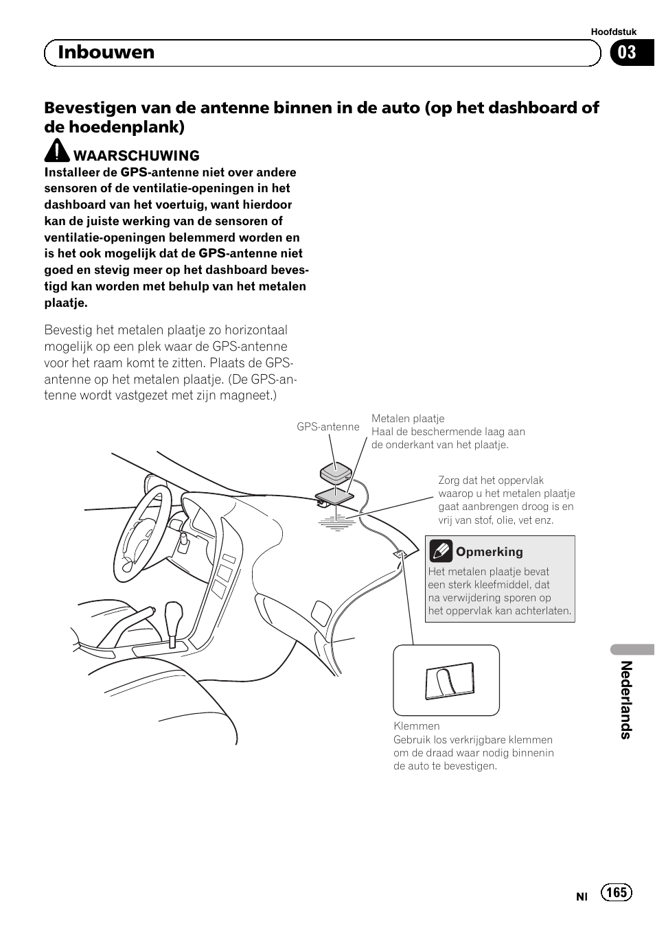 Bevestigen van de antenne binnen in, De auto (op het dashboard of de hoedenplank), 03 inbouwen | Pioneer AVIC-F30BT User Manual | Page 165 / 172