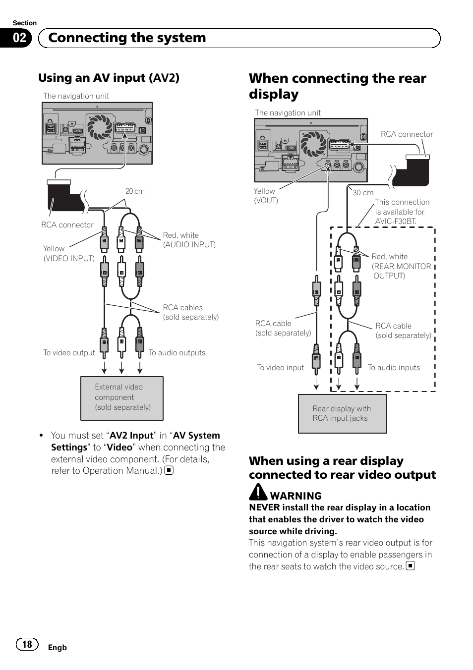 Using an av input (av2) 18, When connecting the rear display, When using a rear display connected to | Rear video output, 02 connecting the system, Using an av input (av2) | Pioneer AVIC-F30BT User Manual | Page 18 / 172