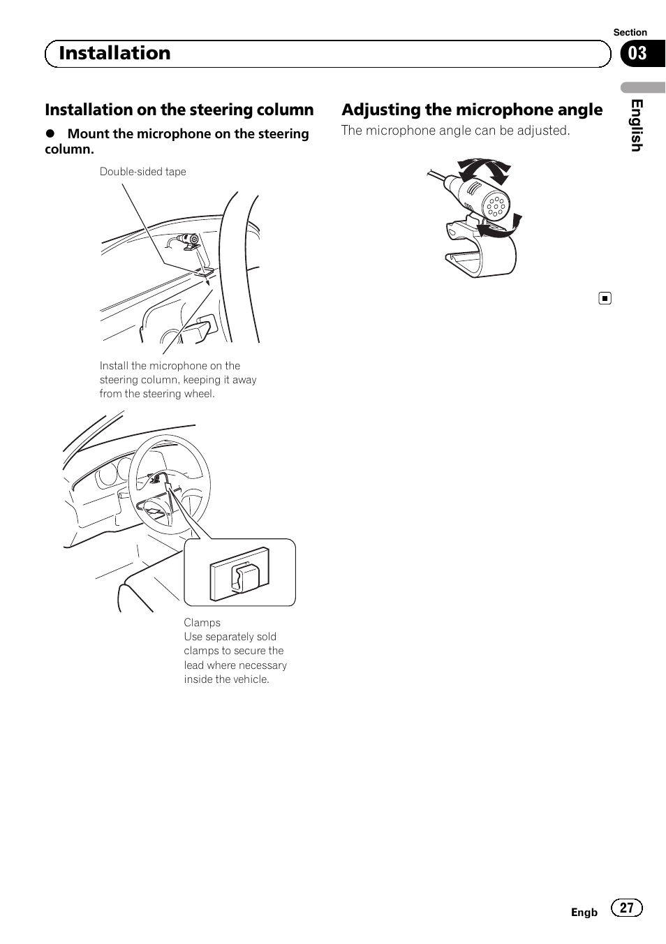 Installation on the steering column 27, Adjusting the microphone angle 27, 03 installation | Installation on the steering column, Adjusting the microphone angle | Pioneer AVIC-F30BT User Manual | Page 27 / 172