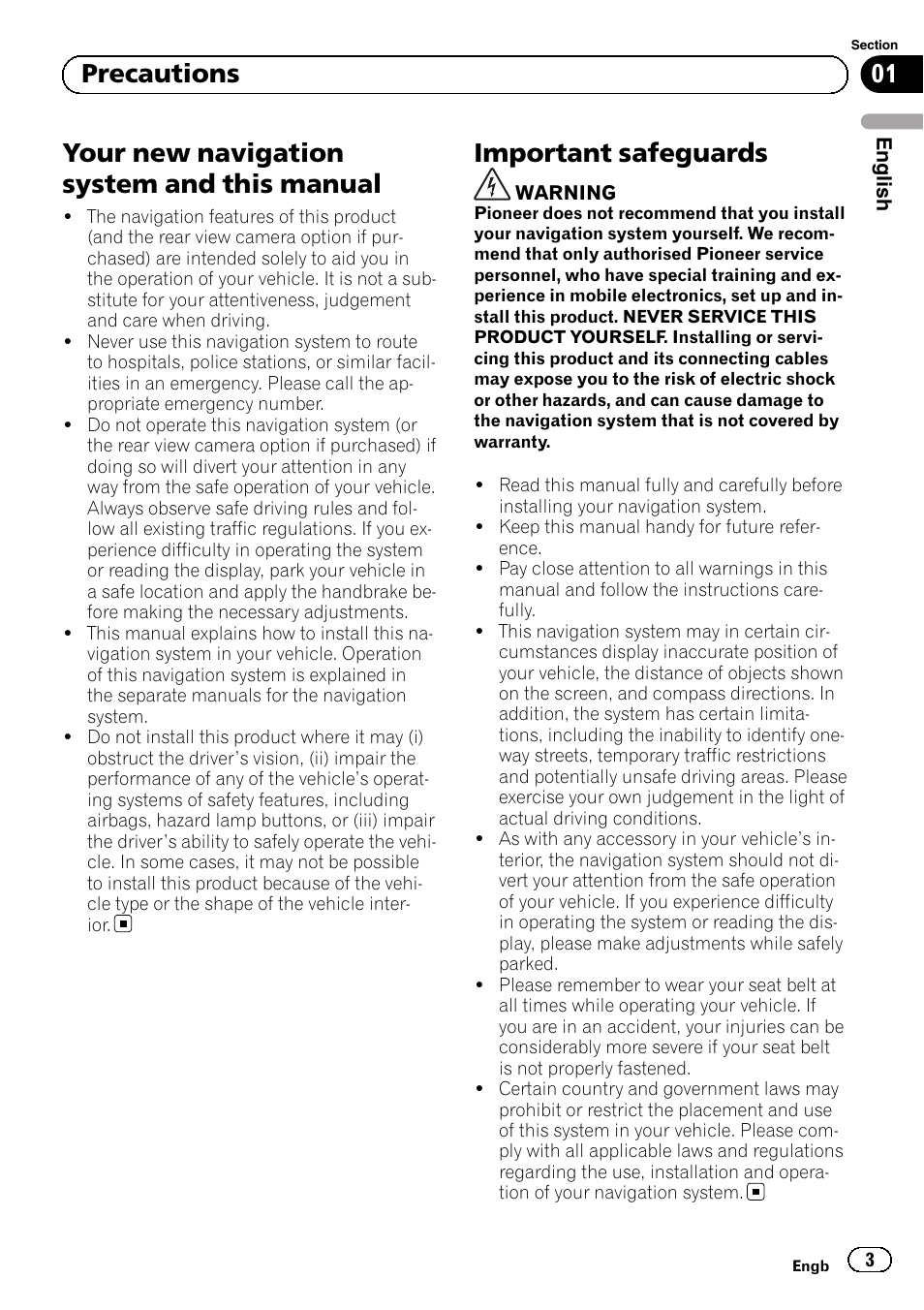 Precautions, Your new navigation system and this, Manual | Important safeguards, Your new navigation system and this manual, 01 precautions | Pioneer AVIC-F30BT User Manual | Page 3 / 172