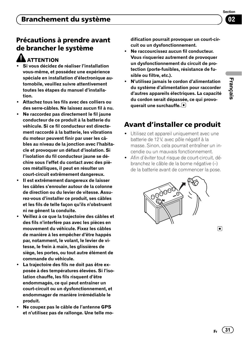 Système, Avant d, Installer ce produit 31 | Précautions à prendre avant de brancher le système, Avant d ’installer ce produit, 02 branchement du système | Pioneer AVIC-F30BT User Manual | Page 31 / 172