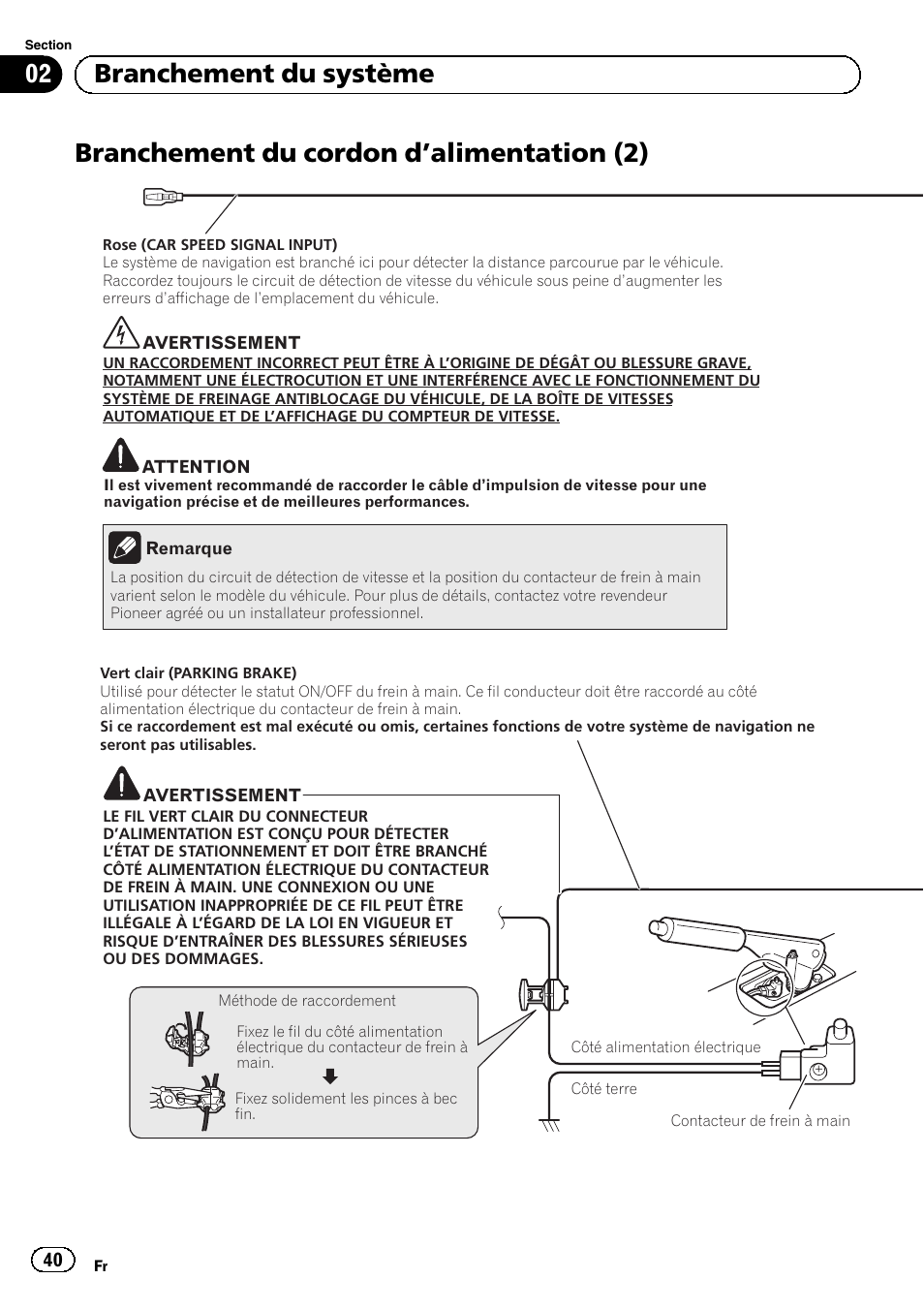 Branchement du cordon d, Alimentation, Branchement du cordon d ’alimentation (2) | 02 branchement du système | Pioneer AVIC-F30BT User Manual | Page 40 / 172