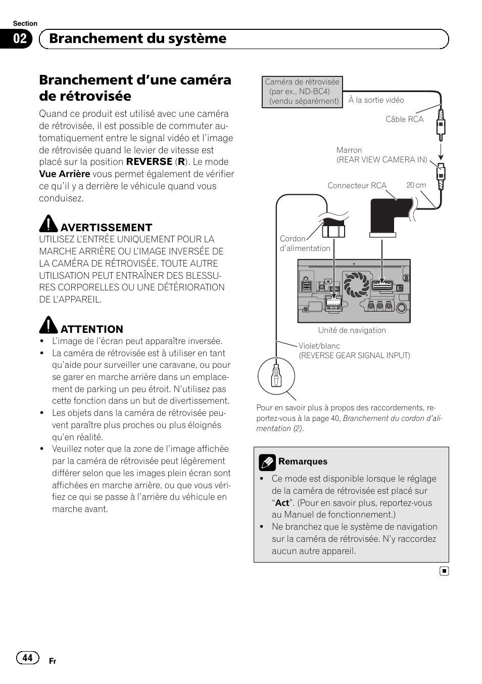 Branchement d, Une caméra de, Rétrovisée | Branchement d ’une caméra de rétrovisée, 02 branchement du système | Pioneer AVIC-F30BT User Manual | Page 44 / 172