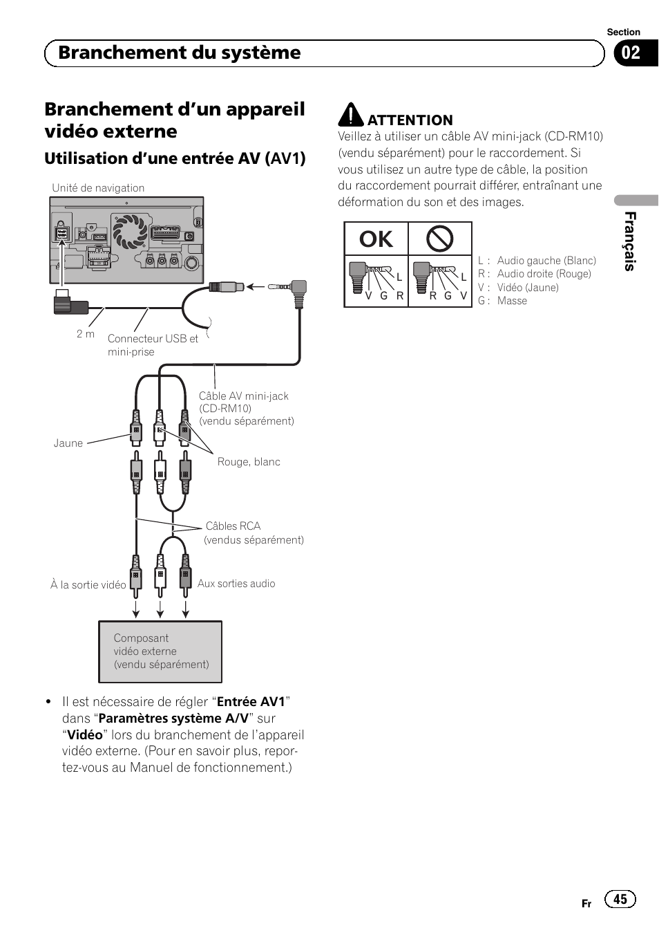 Branchement d, Un appareil vidéo, Externe | Utilisation d’une entrée av (av1) 45, Branchement d ’un appareil vidéo externe, 02 branchement du système, Utilisation d ’une entrée av (av1) | Pioneer AVIC-F30BT User Manual | Page 45 / 172