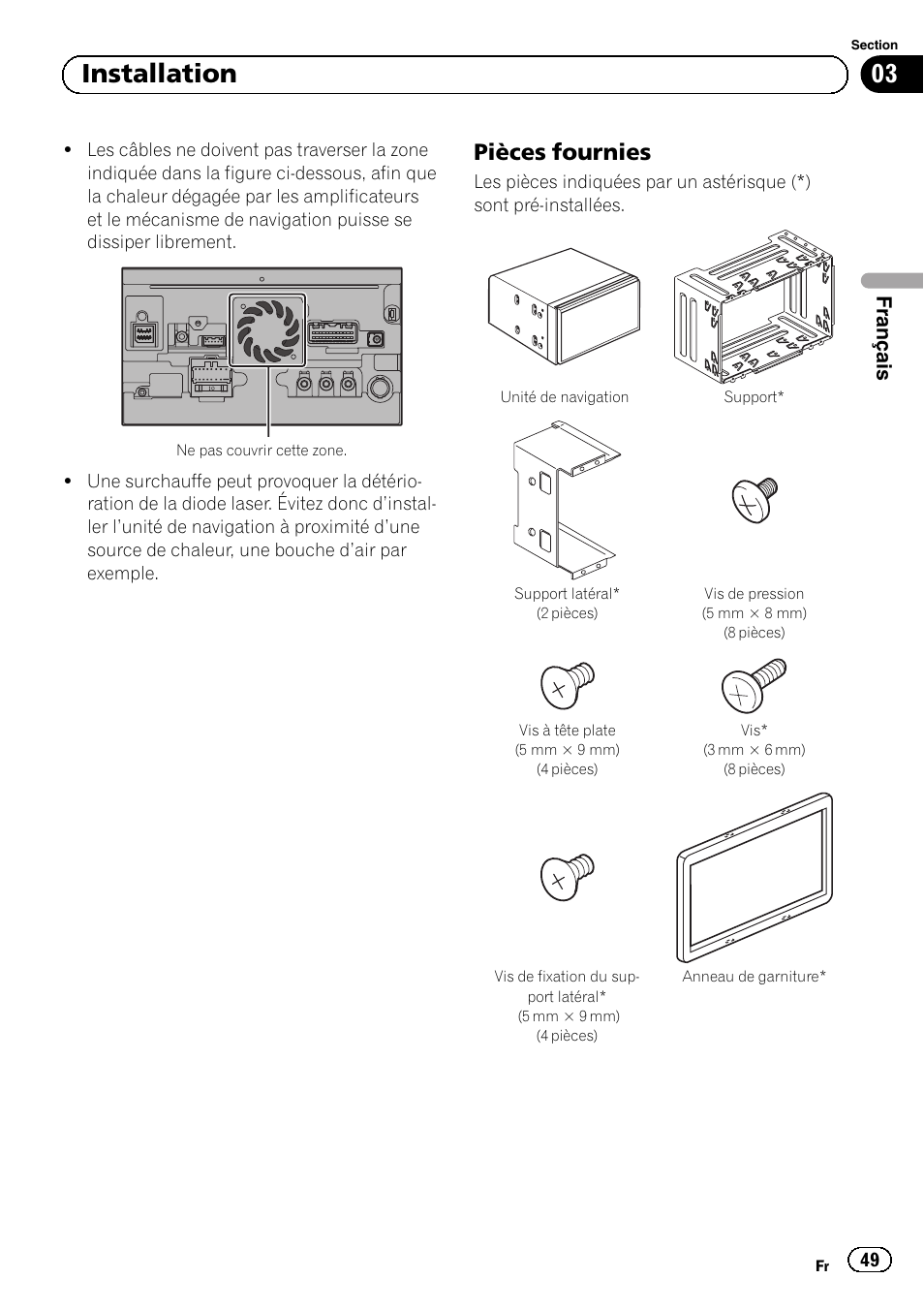 Pièces fournies 49, 03 installation, Pièces fournies | Français | Pioneer AVIC-F30BT User Manual | Page 49 / 172