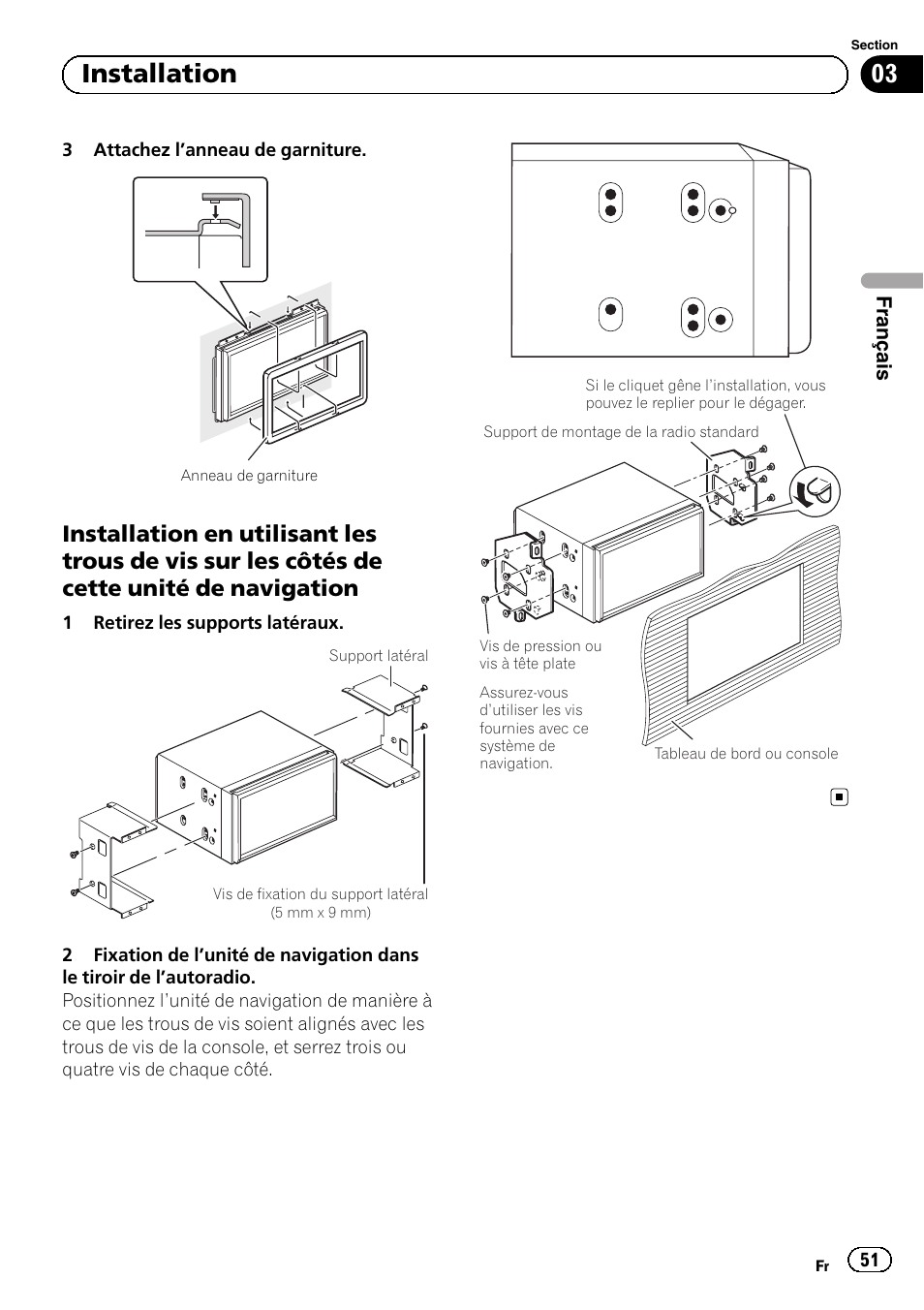 Installation en utilisant les trous de vis, Sur les côtés de cette unité de navigation, 03 installation | Pioneer AVIC-F30BT User Manual | Page 51 / 172