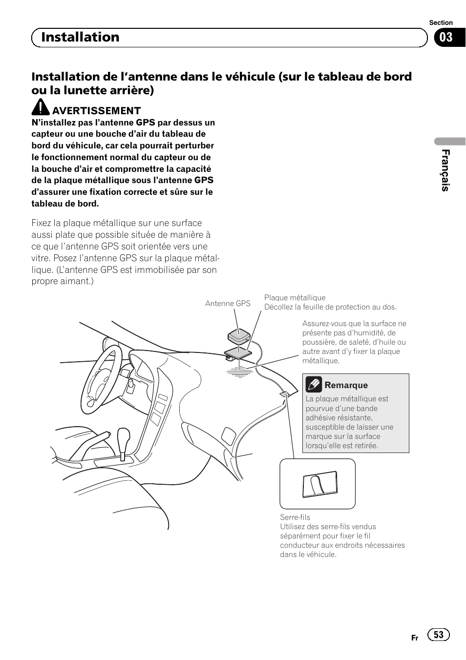 Installation de l’antenne dans le, 03 installation | Pioneer AVIC-F30BT User Manual | Page 53 / 172