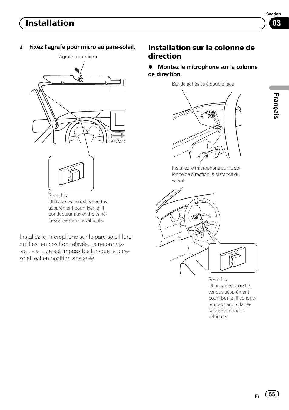 Installation sur la colonne de, Direction, 03 installation | Installation sur la colonne de direction | Pioneer AVIC-F30BT User Manual | Page 55 / 172