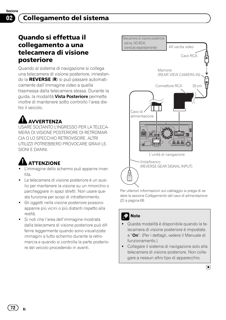 Quando si effettua il collegamento a una, Telecamera di visione posteriore, 02 collegamento del sistema | Pioneer AVIC-F30BT User Manual | Page 72 / 172
