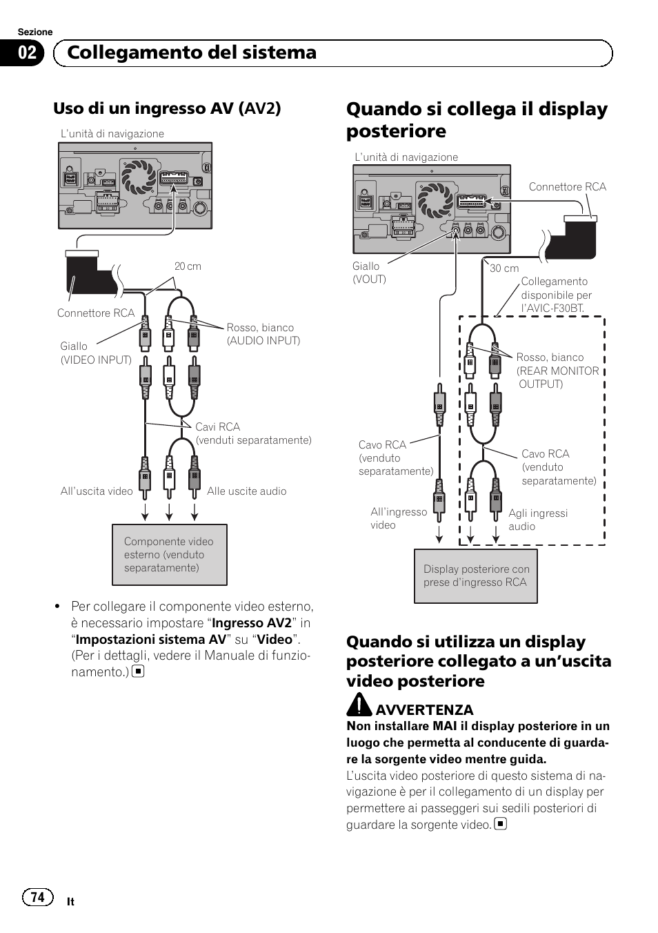 Uso di un ingresso av (av2) 74, Quando si collega il display posteriore, Quando si utilizza un display posteriore | Collegato a un, Uscita video, Posteriore, 02 collegamento del sistema, Uso di un ingresso av (av2) | Pioneer AVIC-F30BT User Manual | Page 74 / 172