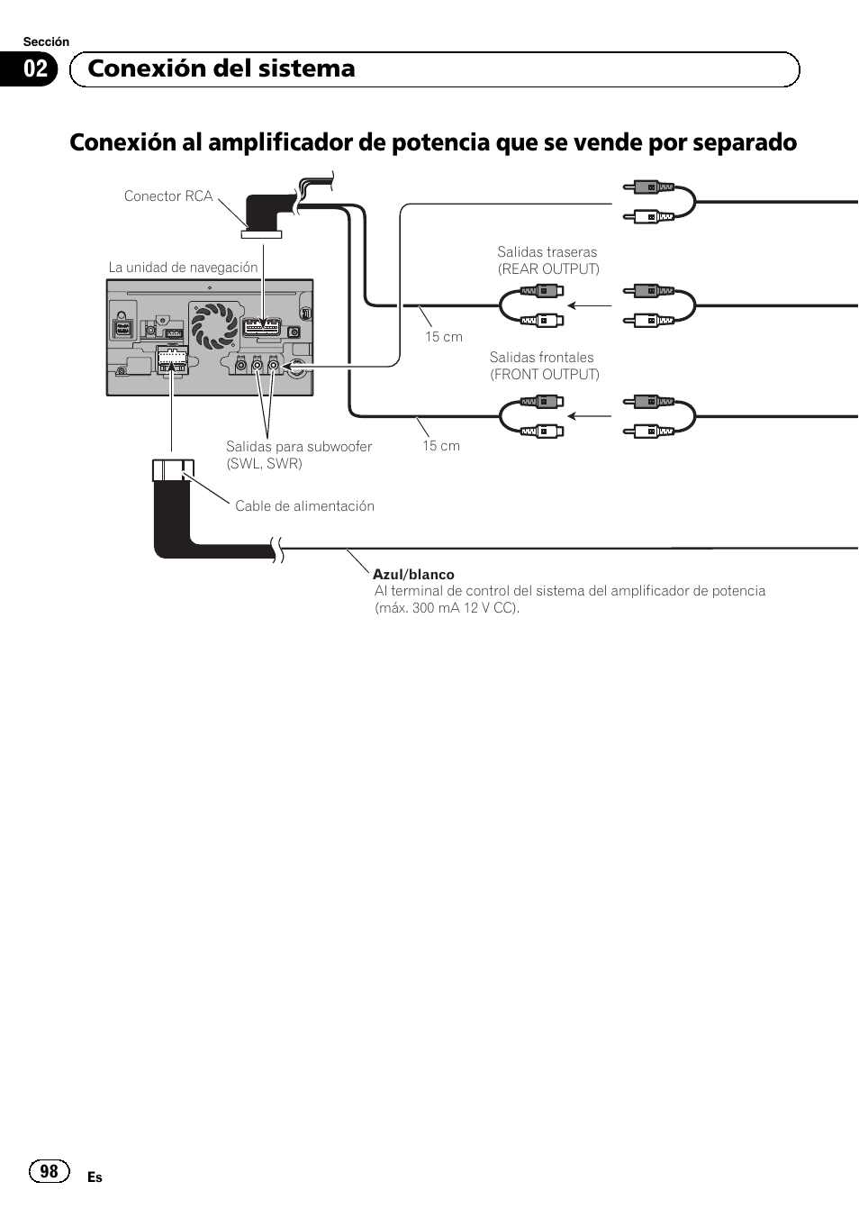 Conexión al amplificador de potencia que se, Vende por separado, 02 conexión del sistema | Pioneer AVIC-F30BT User Manual | Page 98 / 172