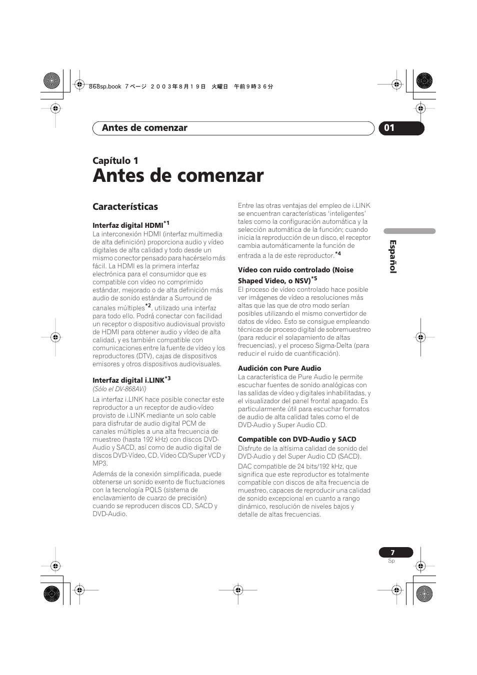 01 antes de comenzar, Características, Antes de comenzar | Antes de comenzar 01, Capítulo 1 | Pioneer DV-668AV-S User Manual | Page 103 / 200