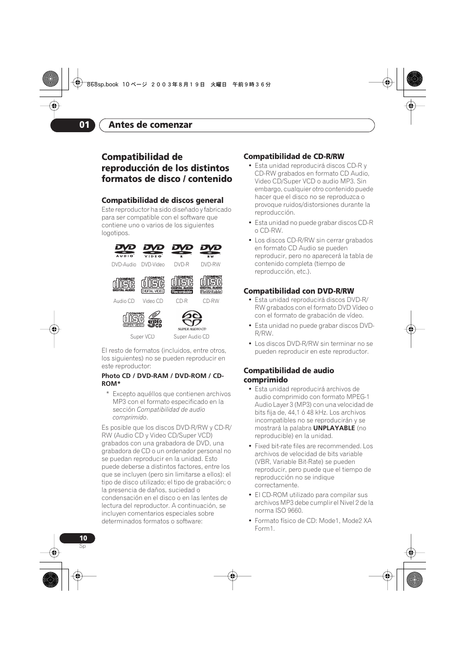 Compatibilidad de discos general, Compatibilidad de cd-r/rw, Compatibilidad con dvd-r/rw | Compatibilidad de audio comprimido, Antes de comenzar 01 | Pioneer DV-668AV-S User Manual | Page 106 / 200
