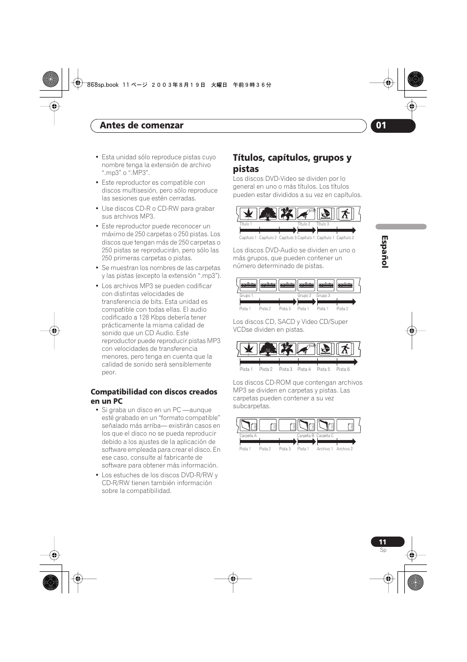 Compatibilidad con discos creados en un pc, Títulos, capítulos, grupos y pistas, Antes de comenzar 01 | Español | Pioneer DV-668AV-S User Manual | Page 107 / 200