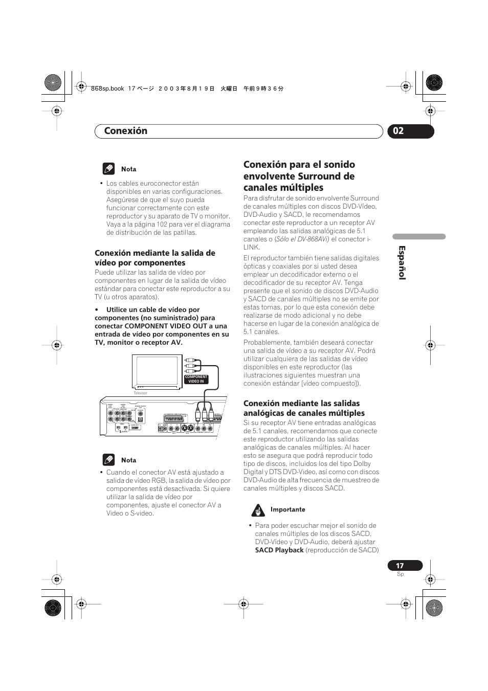 Conexión 02, Español, Sólo el dv-868avi) | Sacd playback, Reproducción de sacd) | Pioneer DV-668AV-S User Manual | Page 113 / 200
