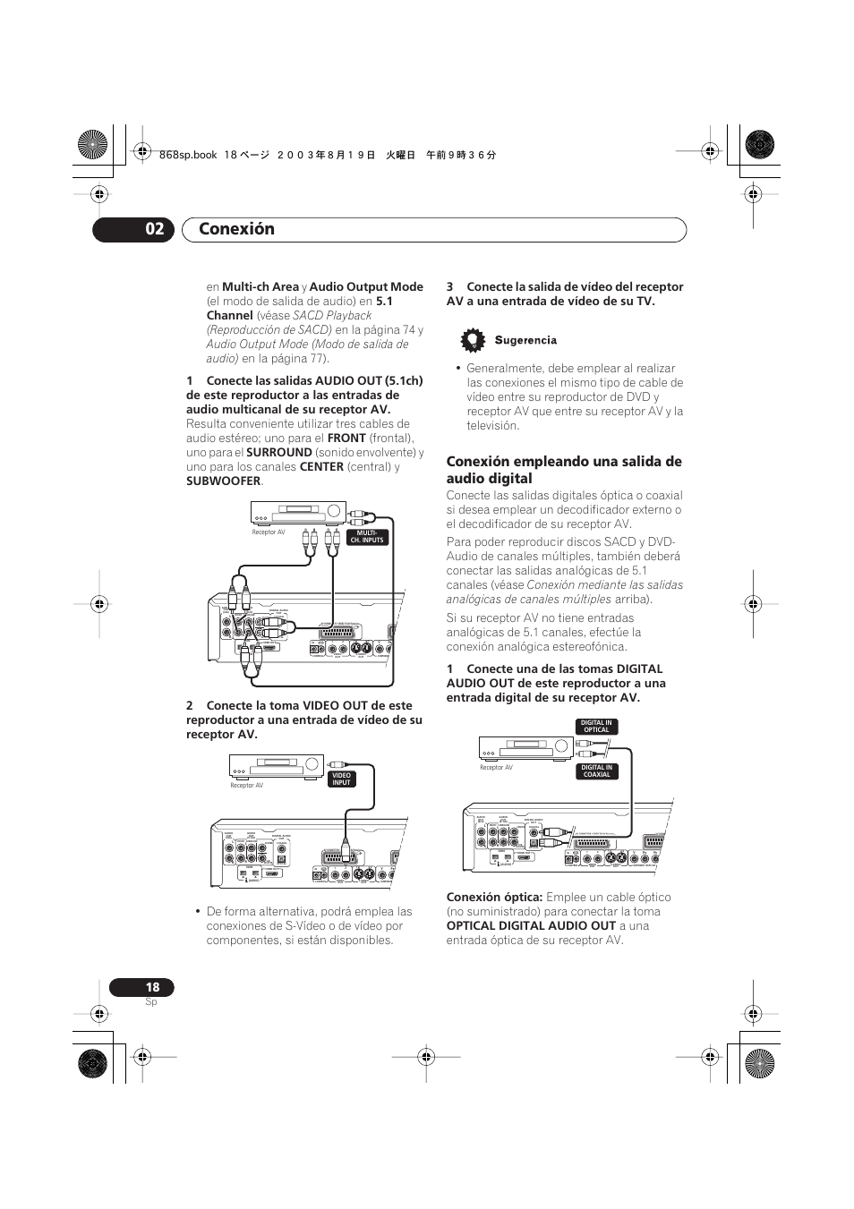 Conexión empleando una salida de audio digital, Conexión 02, Multi-ch area | Audio output mode, El modo de salida de audio) en, 1 channel, Véase, Sacd playback (reproducción de sacd), En la página 74 y, Audio output mode (modo de salida de audio) | Pioneer DV-668AV-S User Manual | Page 114 / 200