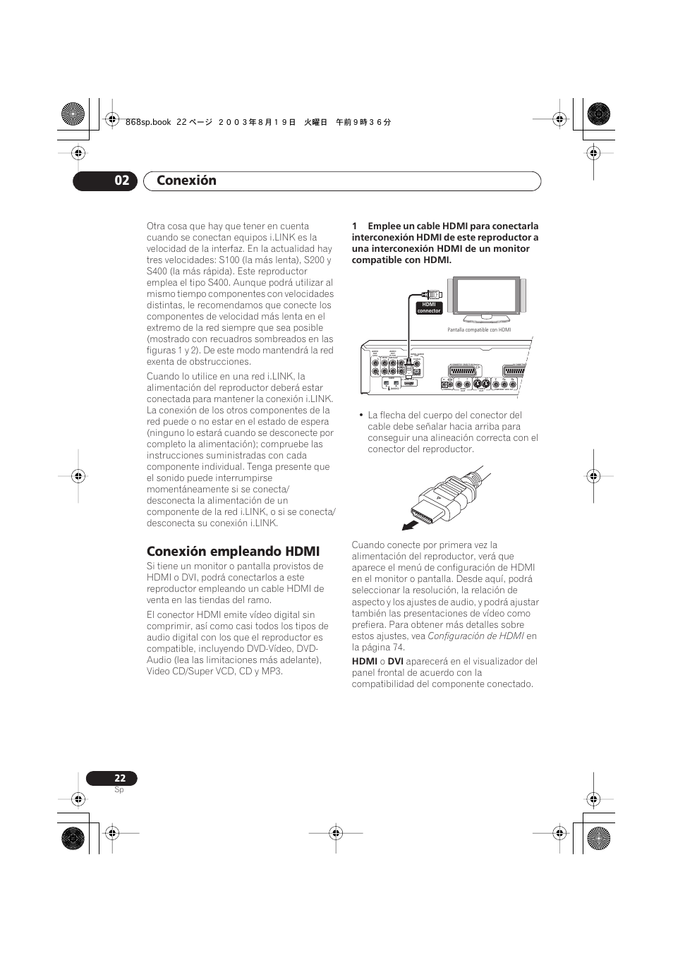 Conexión empleando hdmi, Conexión 02, Configuración de hdmi | En la página 74, Hdmi | Pioneer DV-668AV-S User Manual | Page 118 / 200