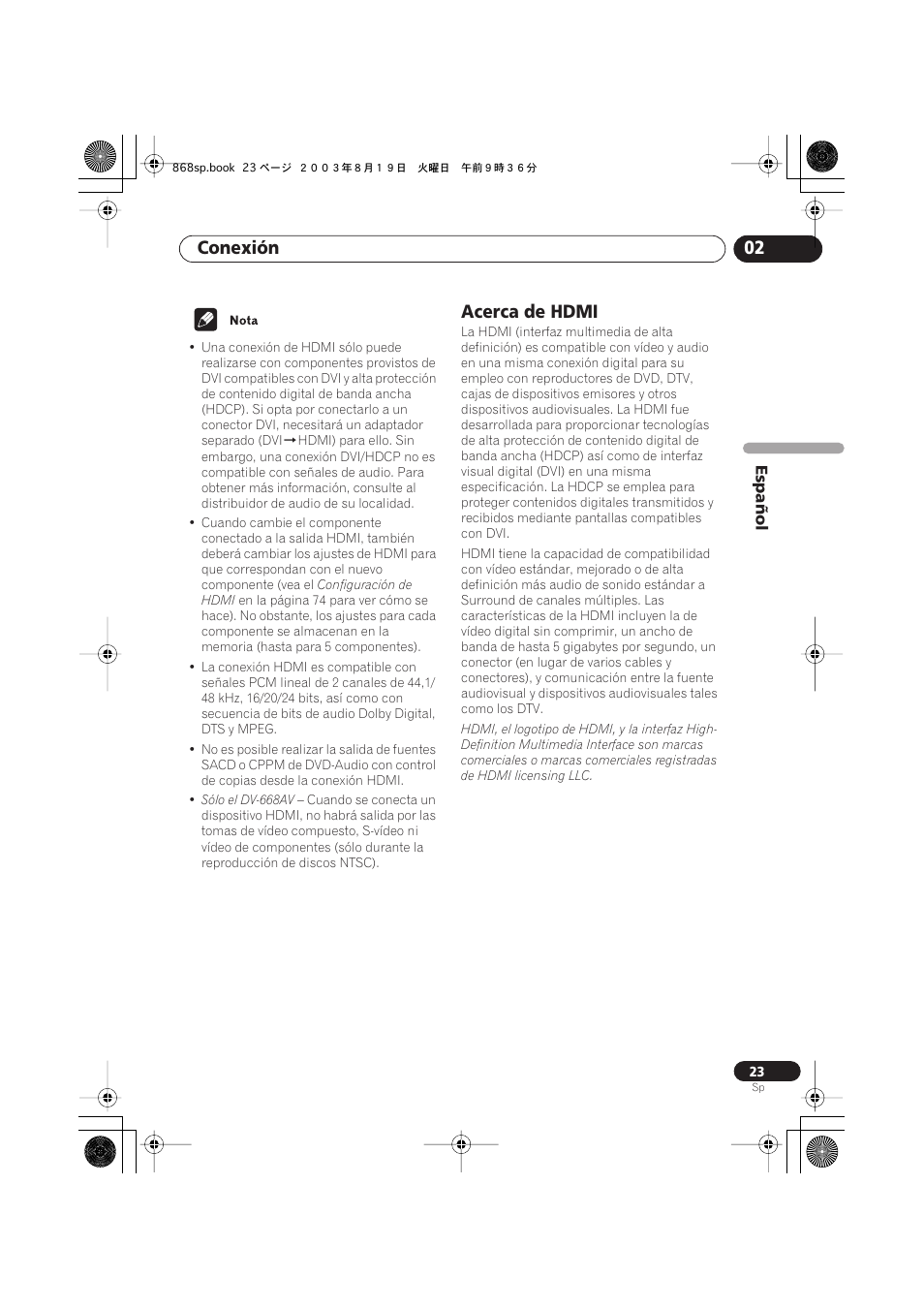 Acerca de hdmi, Conexión 02 | Pioneer DV-668AV-S User Manual | Page 119 / 200
