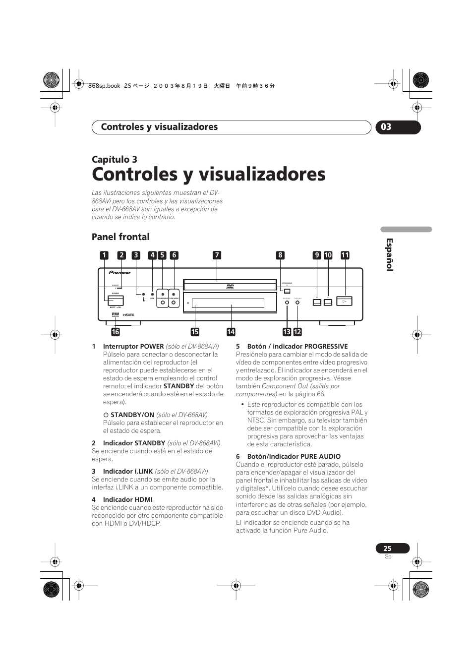 03 controles y visualizadores, Panel frontal, Controles y visualizadores | Controles y visualizadores 03, Capítulo 3 | Pioneer DV-668AV-S User Manual | Page 121 / 200