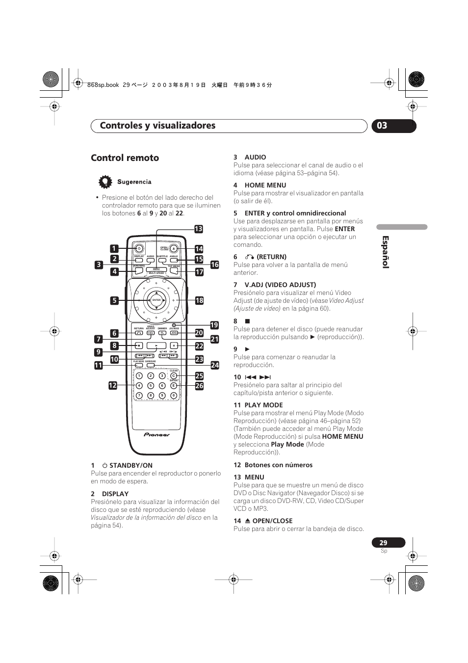 Control remoto, Controles y visualizadores 03, Español | Pioneer DV-668AV-S User Manual | Page 125 / 200