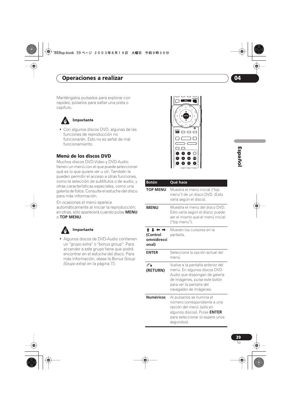 Menú de los discos dvd, Operaciones a realizar 04, Español | Pioneer DV-668AV-S User Manual | Page 135 / 200