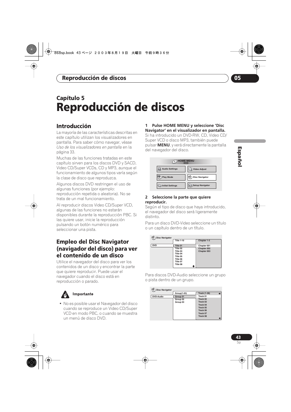05 reproducción de discos, Introducción, Reproducción de discos | Reproducción de discos 05, Capítulo 5 | Pioneer DV-668AV-S User Manual | Page 139 / 200