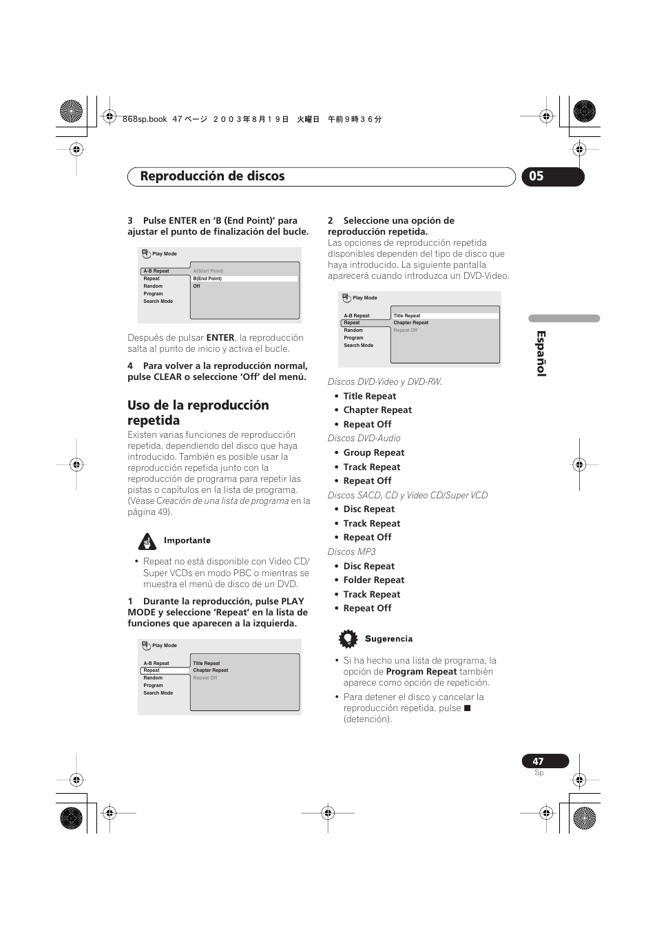 Uso de la reproducción repetida, Reproducción de discos 05, Español | Pioneer DV-668AV-S User Manual | Page 143 / 200
