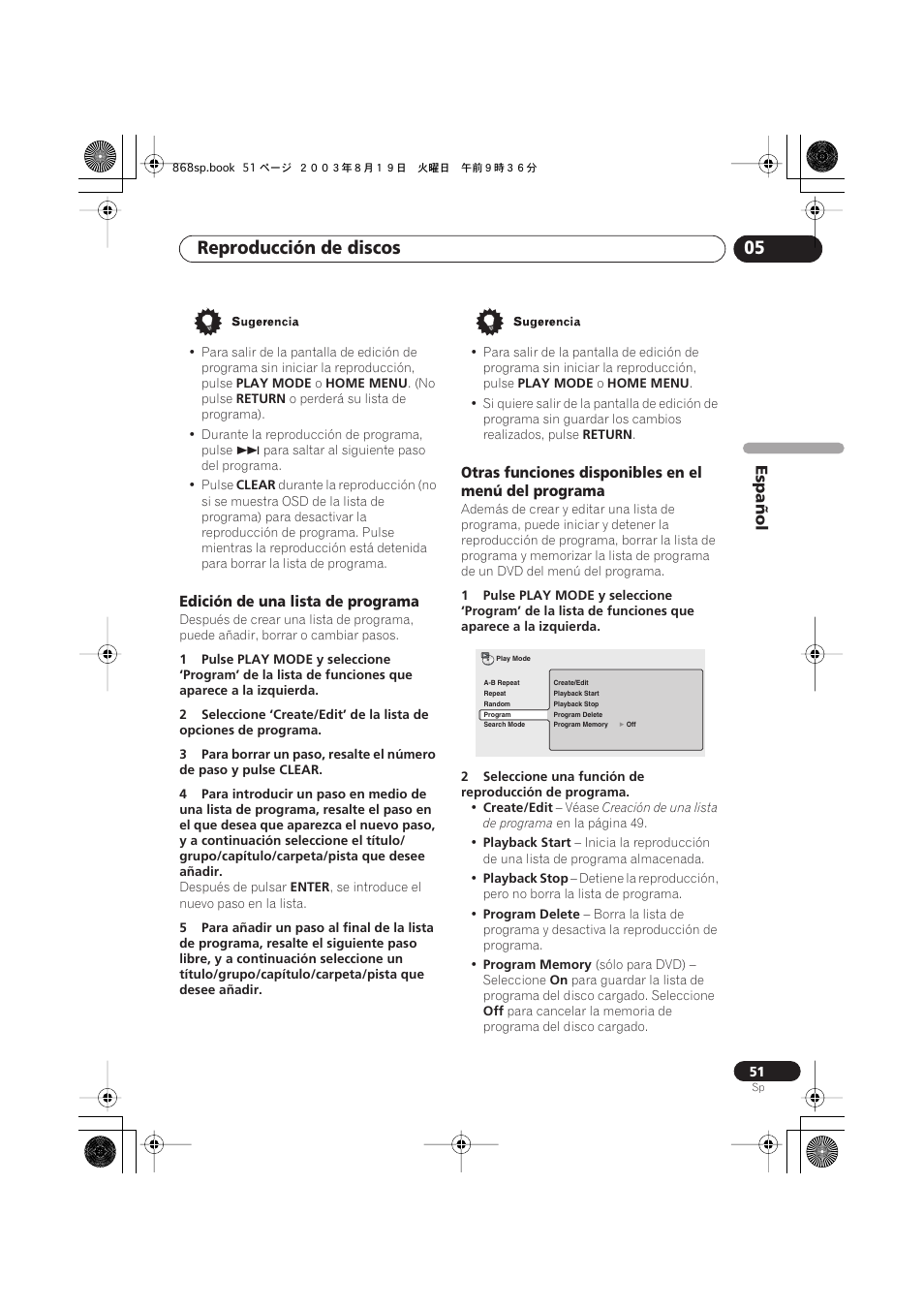 Edición de una lista de programa, Reproducción de discos 05 | Pioneer DV-668AV-S User Manual | Page 147 / 200