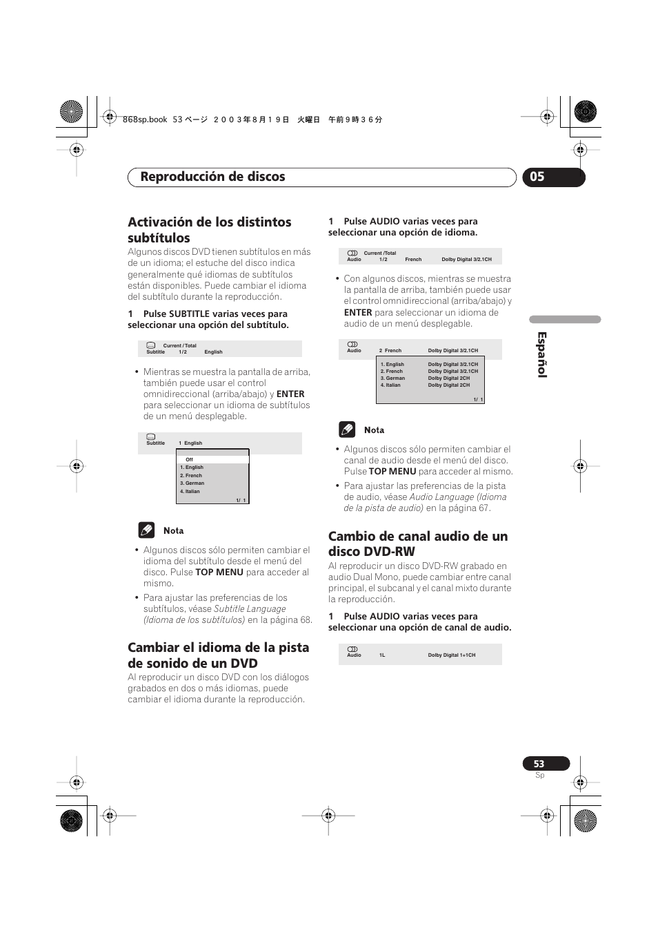 Activación de los distintos subtítulos, Cambiar el idioma de la pista de sonido de un dvd, Cambio de canal audio de un disco dvd-rw | Reproducción de discos 05, Español | Pioneer DV-668AV-S User Manual | Page 149 / 200
